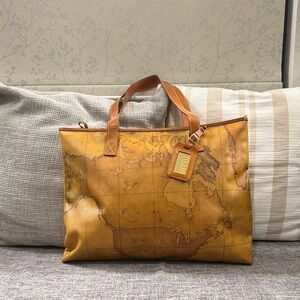 Alviero Martini Tan Map Print Shoulder Bag with Zipper Closure